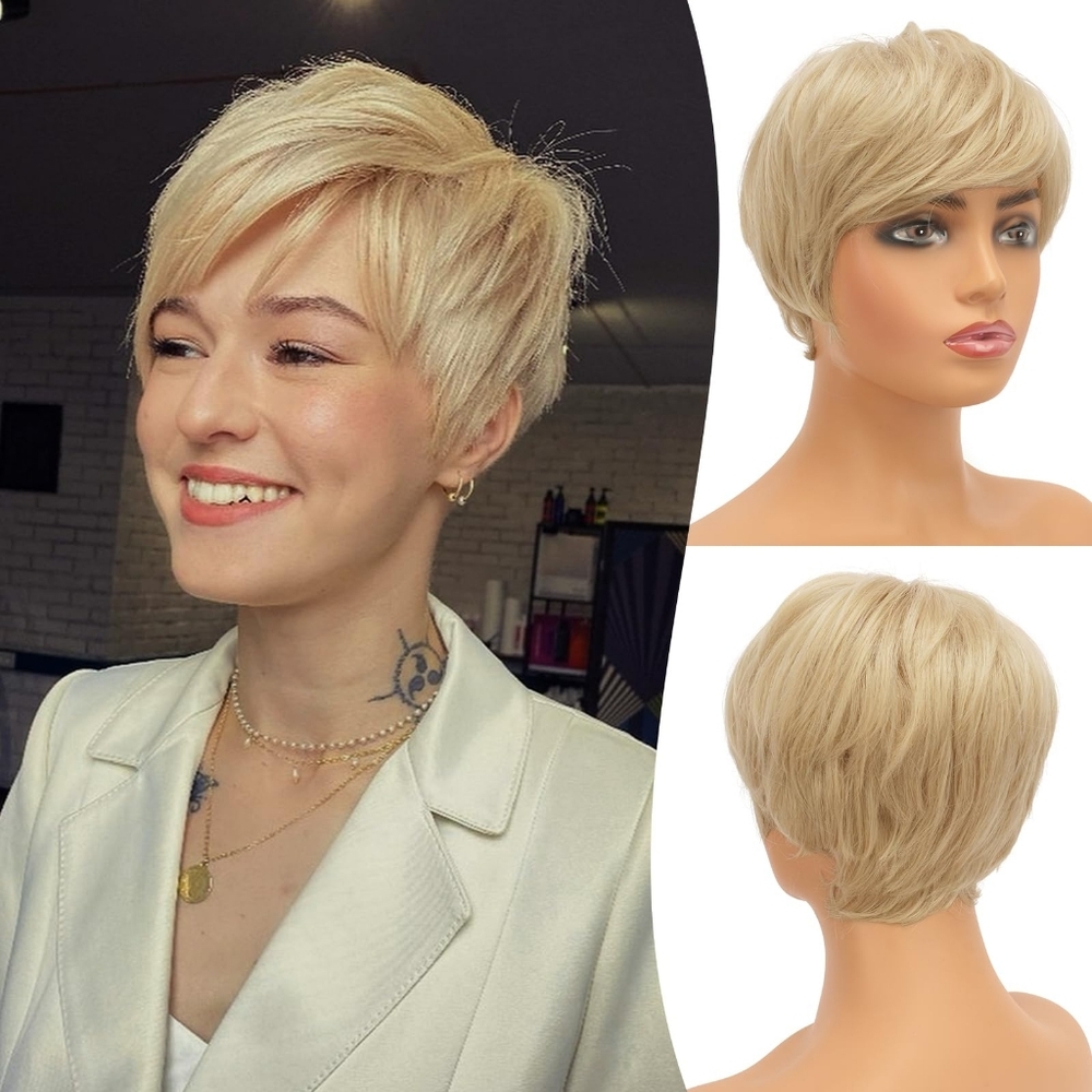 Pixie Cut Wigs Synthetic Short Blonde Pixie Haircut Wig‎ with Bangs Glueless